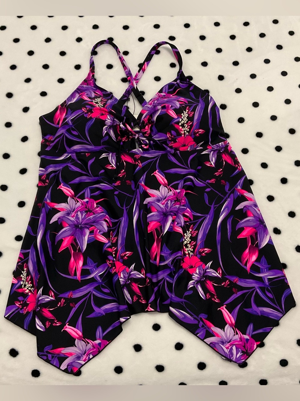 Swim Top SZ 18 Asymetrical W/Criss Cross Straps Black Pink & Purple Floral NWOT